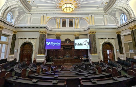 Birmingham chamber installation with logos on displays